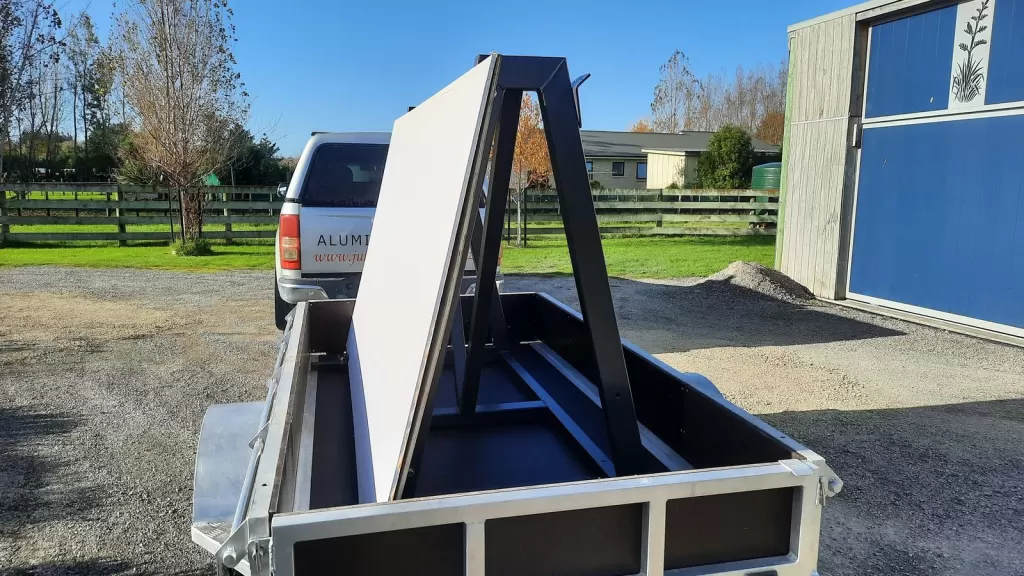 Aluminium A-frame on a trailer carrying large sheets