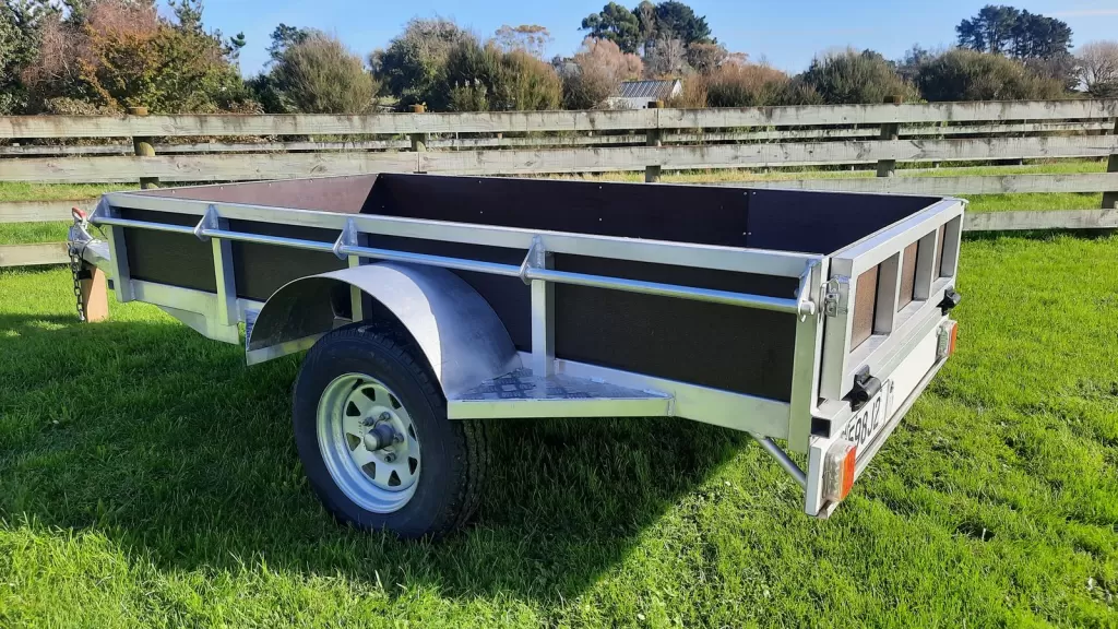 Rear three-quarter view of an 8x4 aluminium box trailer