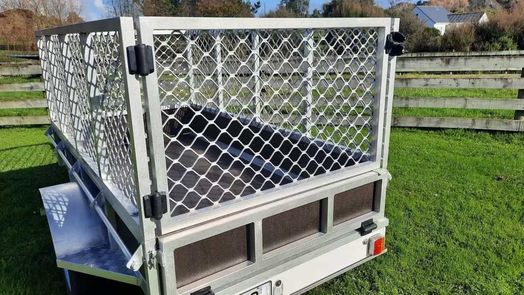 Rear view of an 8x4 aluminium caged trailer