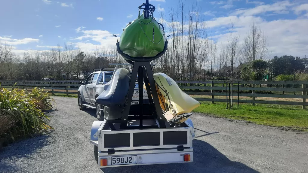 Aluminium trailer with a custom A-frame carrying kayaks