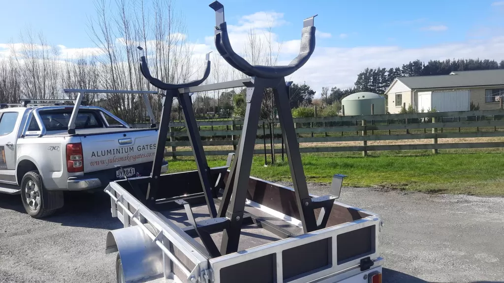 Aluminium trailer fitted with an A-frame and kayak cradles